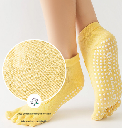 Light Grey 3-Pack Women's Non-Slip Five-Finger Yoga Socks - Open Back Combed Cotton Pilates & Fitness Grip Socks for Professional Exercise.