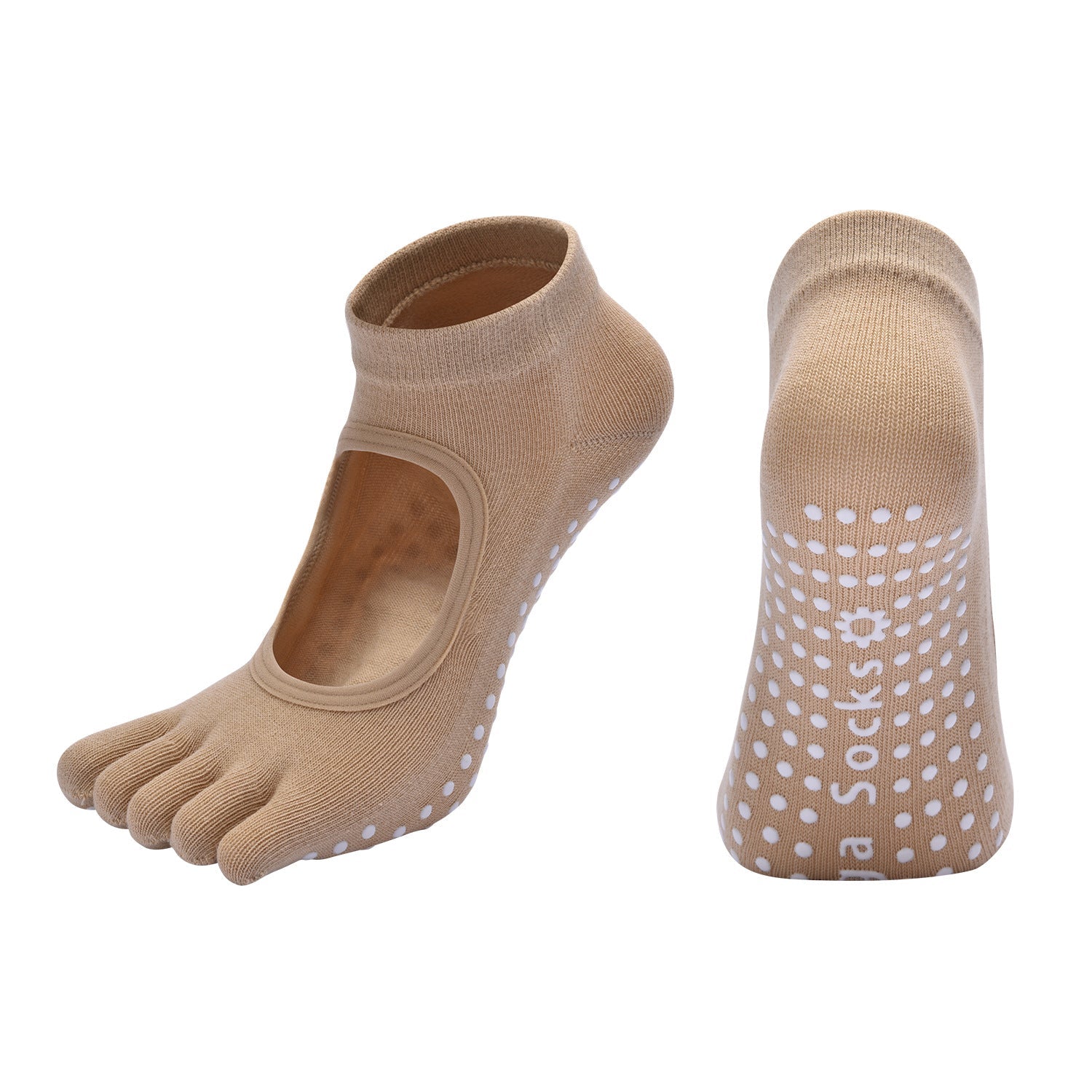 Beige 3-Pack Women's Non-Slip Five-Finger Yoga Socks - Open Back Combed Cotton Pilates & Fitness Grip Socks for Professional Exercise.