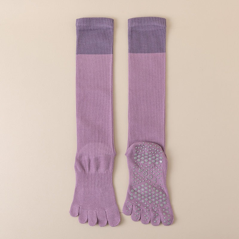 Purple 2PCS Women's Professional Five-Finger Compression Calf Socks - High-Performance Knee-High Non-Slip Grip Socks for Yoga, Running, and Fitness.