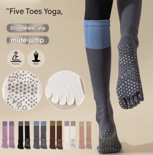Purple 2PCS Women's Professional Five-Finger Compression Calf Socks - High-Performance Knee-High Non-Slip Grip Socks for Yoga, Running, and Fitness.