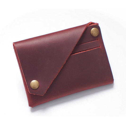 Wine Red Vintage Genuine Leather Mini Wallet - Minimalist Handmade Card Holder & Coin Purse for Men and Women - Retro Cowhide Snap Wallet