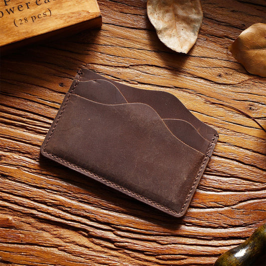 Coffee Minimalist Slim Crazy Horse Leather Card Holder - Vintage Handcrafted Top Grain Cowhide Wallet and ID Case for Men