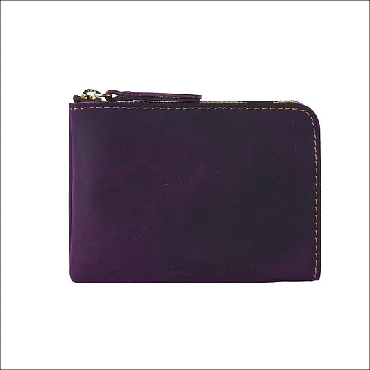 Purple Handmade Crazy Horse Leather Wallet Minimalist L-Zip Card Holder Top Layer Cowhide Short Purse with Coin Pocket 12cm Vintage Style