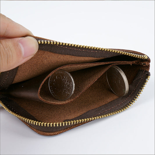 Purple Handmade Crazy Horse Leather Wallet Minimalist L-Zip Card Holder Top Layer Cowhide Short Purse with Coin Pocket 12cm Vintage Style