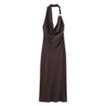 XS Elegant Halter Neck Satin Midi Dress - Sexy Asymmetric Draped Evening Gown with Metal Hardware Accent for Women.