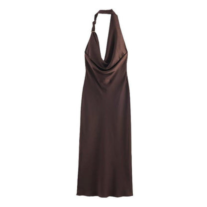XS Elegant Halter Neck Satin Midi Dress - Sexy Asymmetric Draped Evening Gown with Metal Hardware Accent for Women.