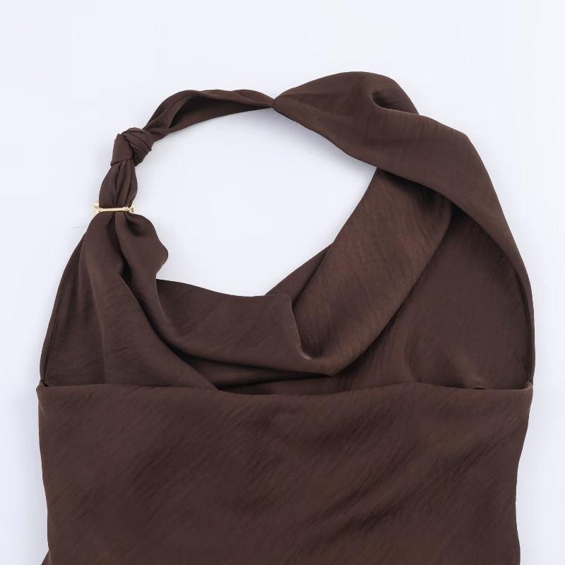 XS Elegant Halter Neck Satin Midi Dress - Sexy Asymmetric Draped Evening Gown with Metal Hardware Accent for Women.