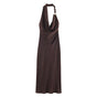 M Elegant Halter Neck Satin Midi Dress - Sexy Asymmetric Draped Evening Gown with Metal Hardware Accent for Women.