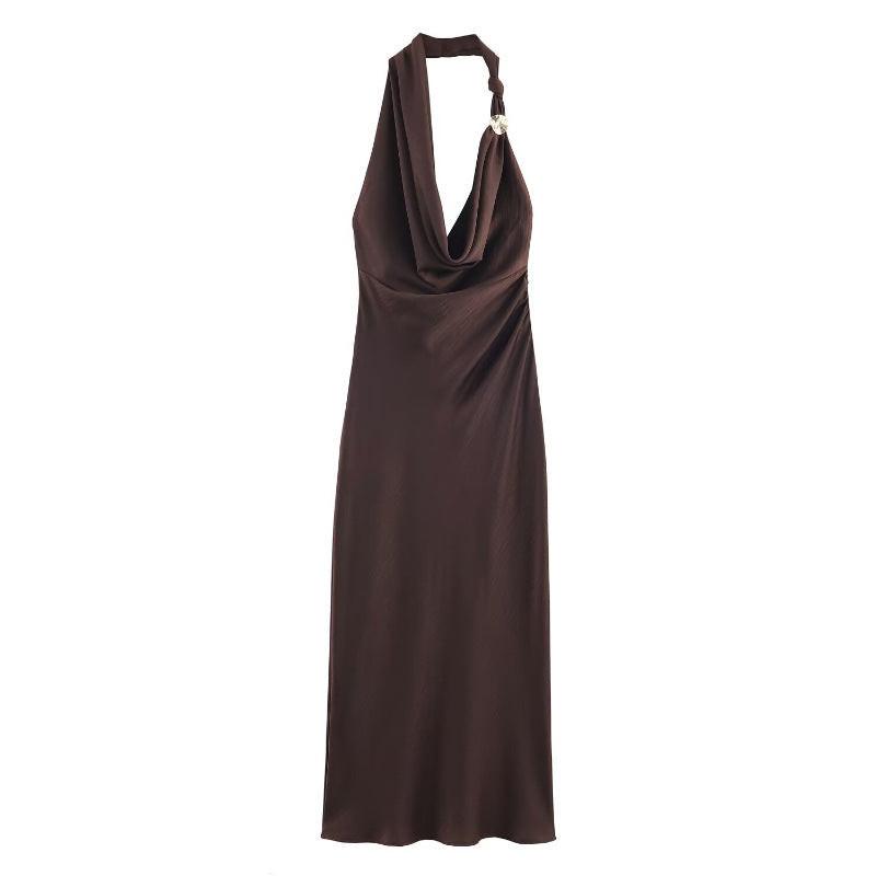 L Elegant Halter Neck Satin Midi Dress - Sexy Asymmetric Draped Evening Gown with Metal Hardware Accent for Women.