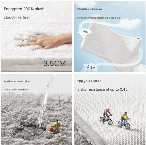 Brown 40*60cm Luxury 3.5cm Shag Bath Mat | Silver Ion Antibacterial Technology | Quick Dry Non-Slip TPR Bathroom Rug