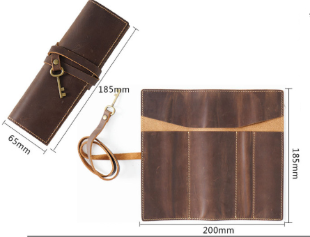 Wine Red Genuine Crazy Horse Leather Pencil Roll Case Vintage Pen Wrap Stationery Organiser Pouch with Strap & Charm 4 Slots for Artists