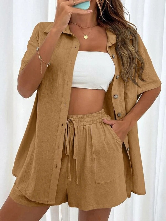 XL Brown Women's Elegant 2-Piece Casual Set | Distressed Linen-Look Button-Down Shirt & Drawstring Shorts