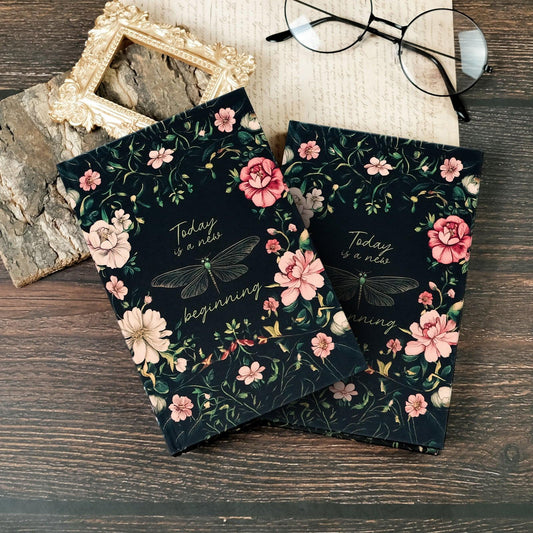 2PCS Elegant Vintage Floral Hardcover Notebook | Today is a New Beginning Dragonfly Journal | Creative A6 Portable Planner.