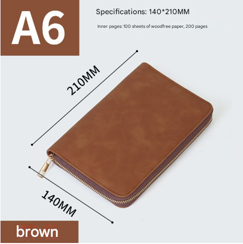 Brown Premium A5 Zippered PU Leather Notebook | 200 Pages High-Quality Paper | Multifunctional Business Organizer & Diary.