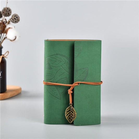 2PCS Green Vintage A5 PU Leather Journal with Leaf Charm - Ring Bound Refillable Notebook Set.