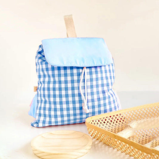 Blue Trendy Gingham Checkered Canvas Backpack | Aesthetic Student School Bag | Casual Daily Travel Daypack.