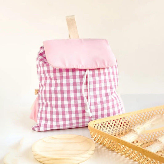 Pink Trendy Gingham Checkered Canvas Backpack | Aesthetic Student School Bag | Casual Daily Travel Daypack.