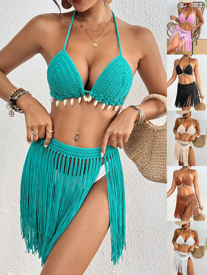 Brown Women's Hand-Crocheted Two-Piece Bikini Set with Shell Accents and Tassel Skirt