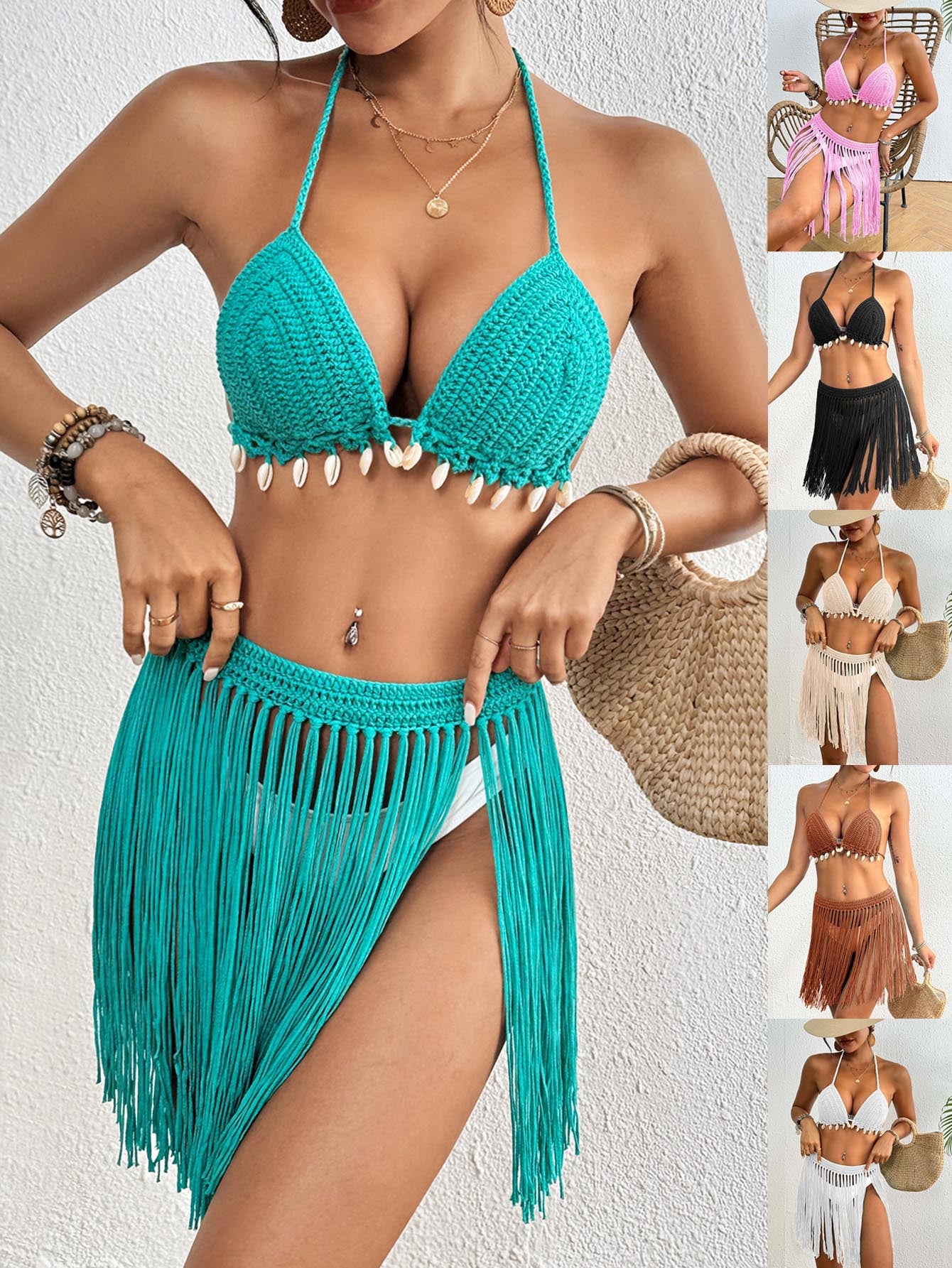 Pink Women's Hand-Crocheted Two-Piece Bikini Set with Shell Accents and Tassel Skirt