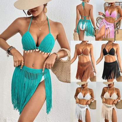 Black Women's Hand-Crocheted Two-Piece Bikini Set with Shell Accents and Tassel Skirt