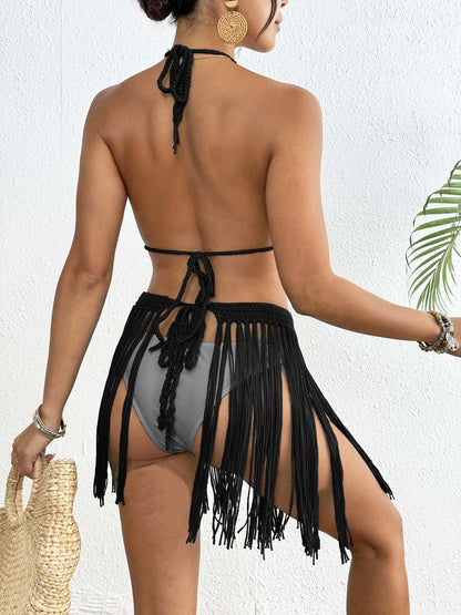 Black Women's Hand-Crocheted Two-Piece Bikini Set with Shell Accents and Tassel Skirt