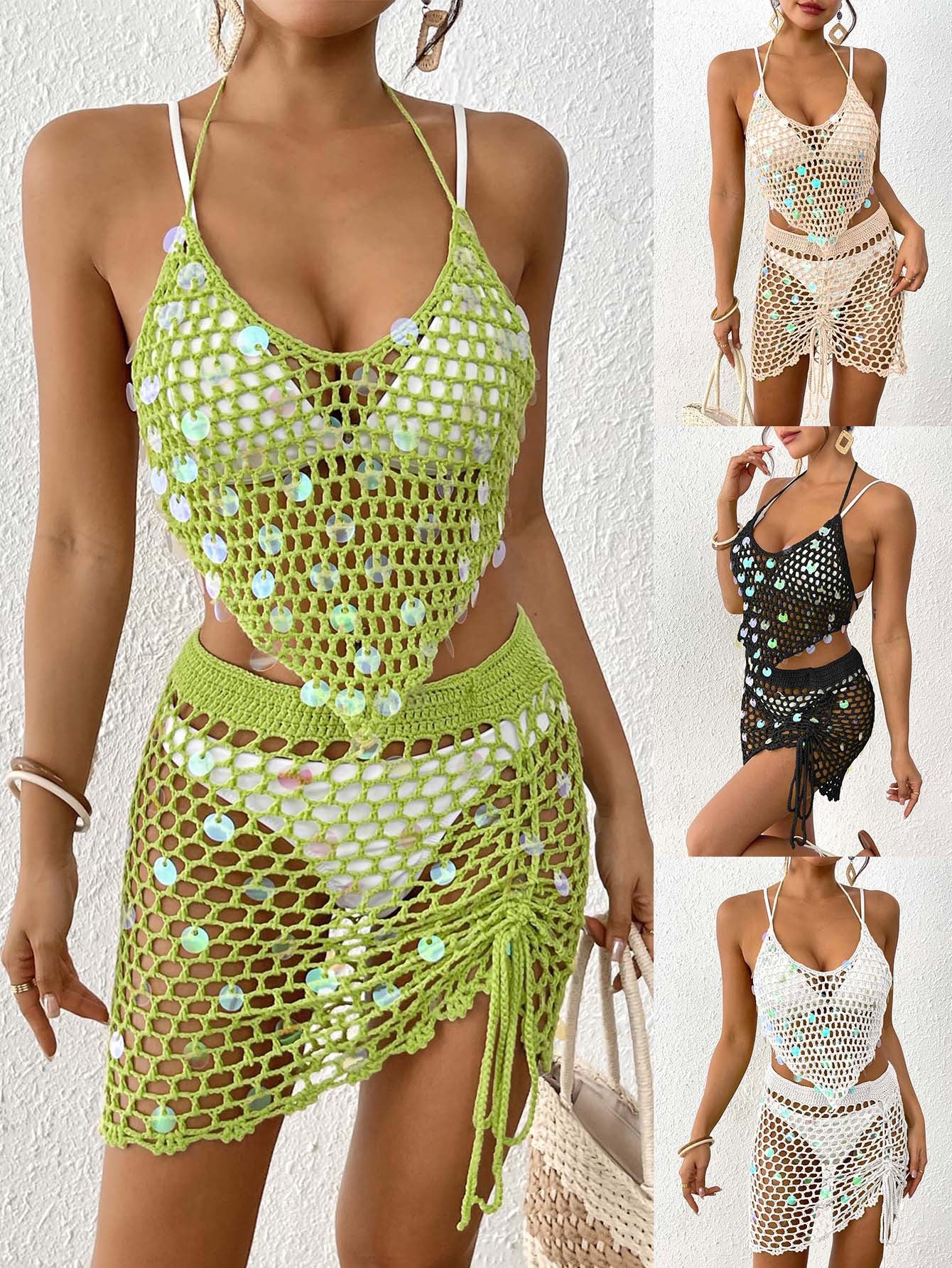 Black Women's Hand-Crocheted Beachwear Set with Sequin Embellishments – Boho Style Two-Piece Bikini Cover-Up