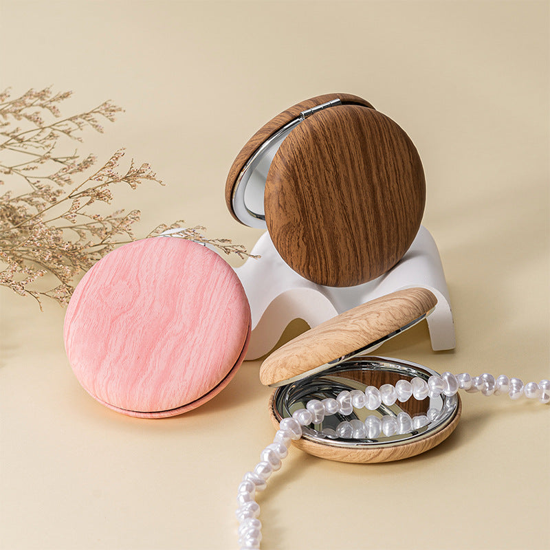 2 Pcs Pink Portable Wooden-Style Makeup Mirror - Dual-Sided High-Definition Compact Mirror