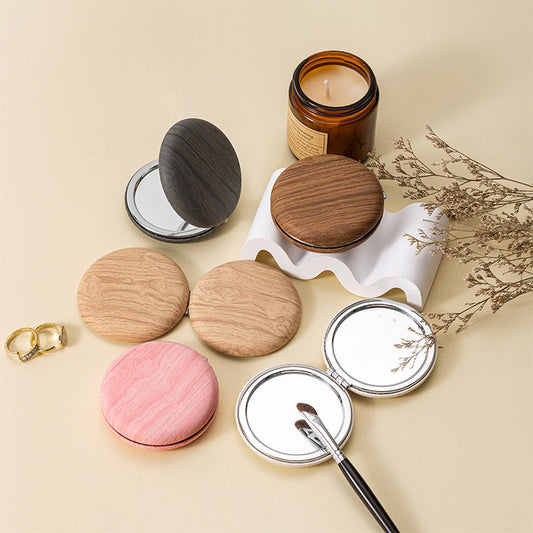 2 Pcs Khaki Portable Wooden-Style Makeup Mirror - Dual-Sided High-Definition Compact Mirror
