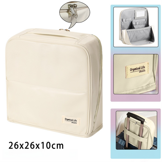 Beige Magnetic Compartmentalized Standing Cosmetic Bag â Large Capacity with Mirror, Travel Makeup Organizer (26Ã10Ã26 cm).