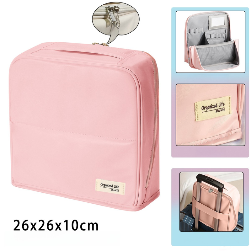 Pink Magnetic Compartmentalized Standing Cosmetic Bag â Large Capacity with Mirror, Travel Makeup Organizer (26Ã10Ã26 cm).