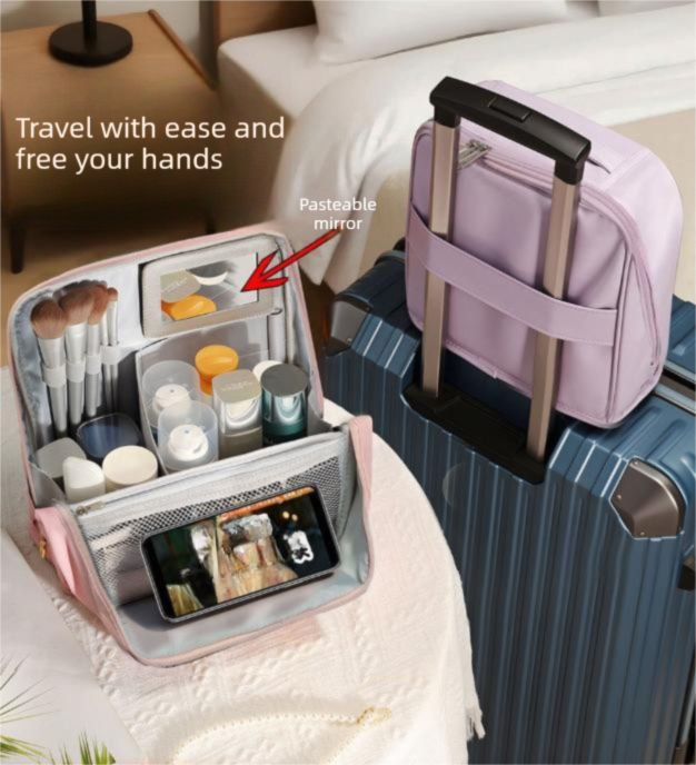 Blue Magnetic Compartmentalized Standing Cosmetic Bag â Large Capacity with Mirror, Travel Makeup Organizer (26Ã10Ã26 cm) Main Image