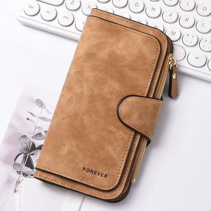 Brown Stylish Large-Capacity Women's Long Wallet – Vintage PU Leather Clutch with Zipper and Snap Closure