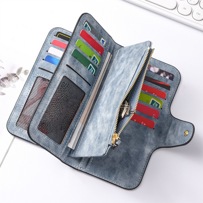 Brown Stylish Large-Capacity Women's Long Wallet – Vintage PU Leather Clutch with Zipper and Snap Closure
