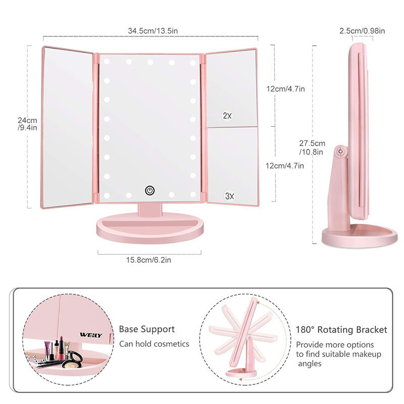 White 360° Rotating LED Tri-Fold Makeup Mirror – 22-Bulb Illuminated Vanity Mirror with 1X/2X/3X Magnification