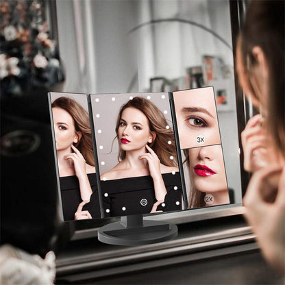 White 360° Rotating LED Tri-Fold Makeup Mirror – 22-Bulb Illuminated Vanity Mirror with 1X/2X/3X Magnification