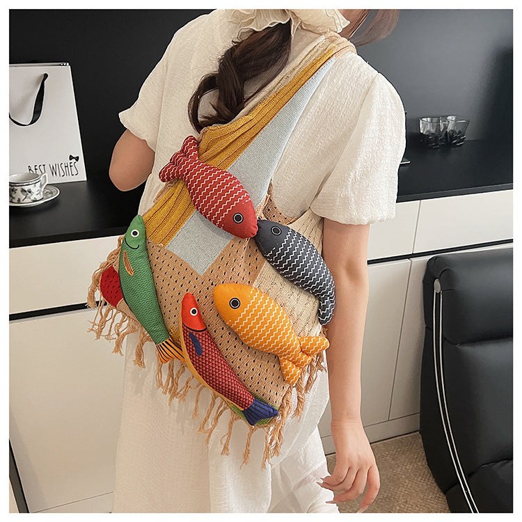 White handbag strap Knitted Patchwork Tote Bag – Spacious, Fringed, Single-Shoulder Design