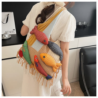 White handbag strap Knitted Patchwork Tote Bag – Spacious, Fringed, Single-Shoulder Design