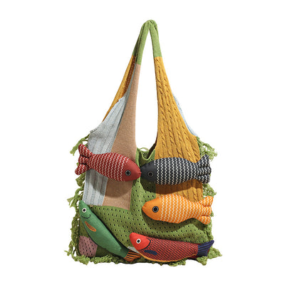 Green handbag strap Knitted Patchwork Tote Bag – Spacious, Fringed, Single-Shoulder Design