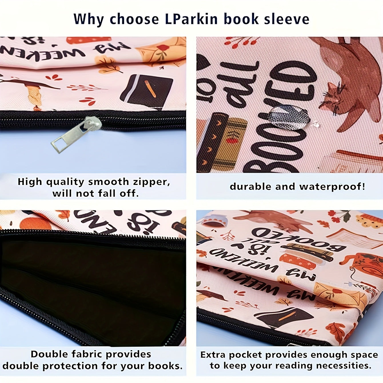 Pink flowers Zippered Book Sleeve with Printed Design – Waterproof Protective Cover for Books, Ideal for Readers and Students with Extra Pocket & Carry Strap