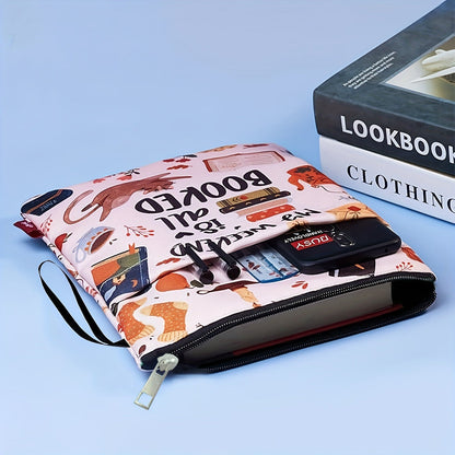 Pink flowers Zippered Book Sleeve with Printed Design – Waterproof Protective Cover for Books, Ideal for Readers and Students with Extra Pocket & Carry Strap