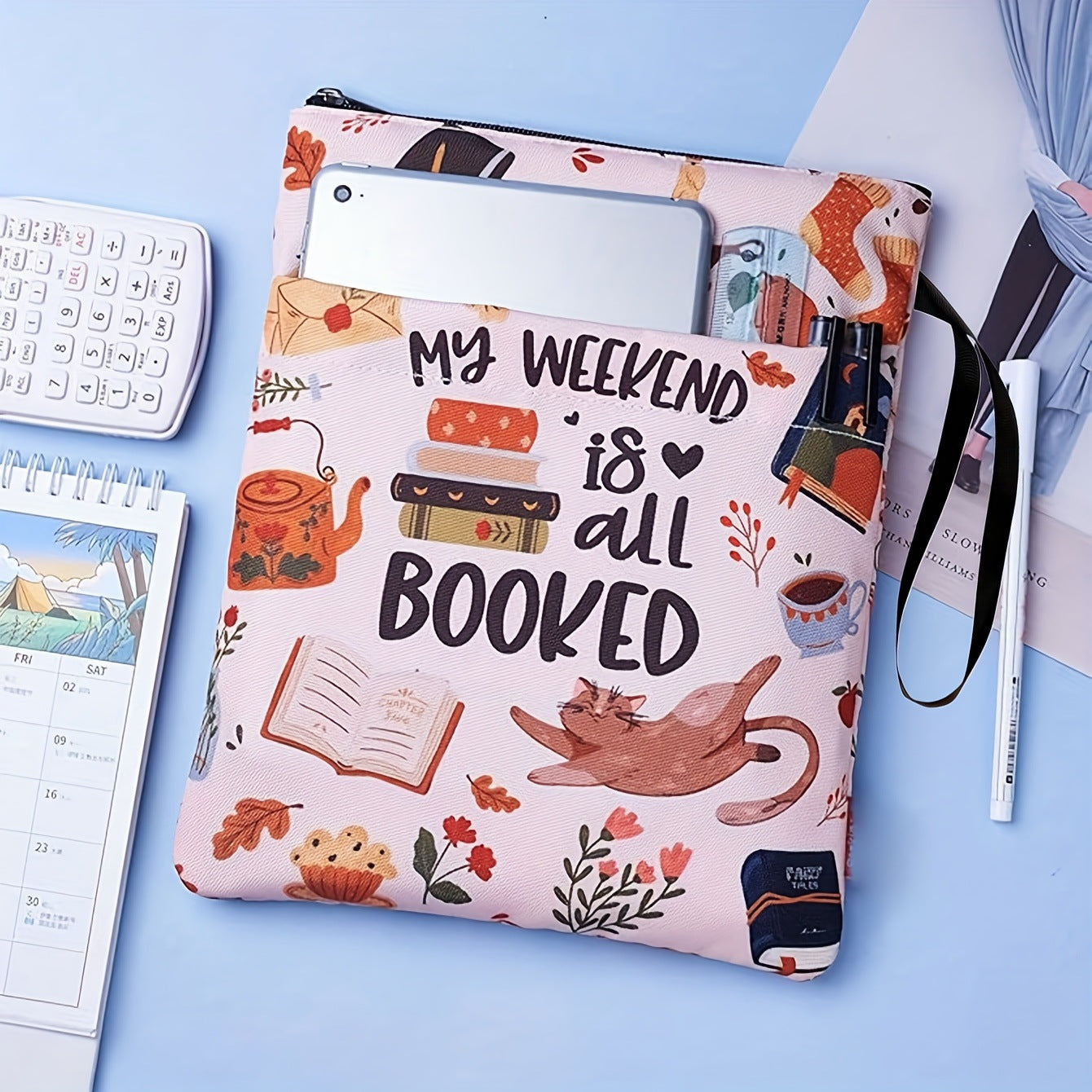 Pink flowers Zippered Book Sleeve with Printed Design – Waterproof Protective Cover for Books, Ideal for Readers and Students with Extra Pocket & Carry Strap