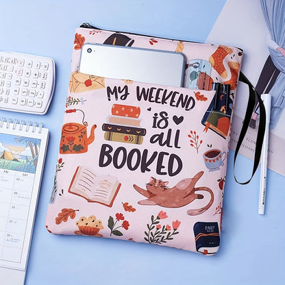 Pink flowers Zippered Book Sleeve with Printed Design – Waterproof Protective Cover for Books, Ideal for Readers and Students with Extra Pocket & Carry Strap