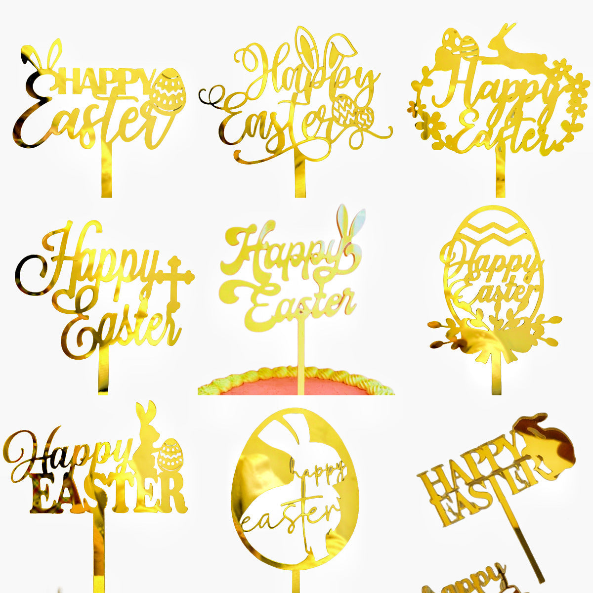 10-Piece Set of Elegant Easter Cake Toppers – Gold Acrylic "Happy Easter" Decorations with Bunny & Egg Designs, Perfect for Party Cakes and Festive Table Settings(Style 5)