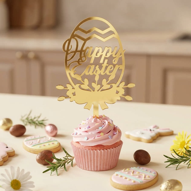 10-Piece Set of Elegant Easter Cake Toppers – Gold Acrylic "Happy Easter" Decorations with Bunny & Egg Designs, Perfect for Party Cakes and Festive Table Settings(Style 8)