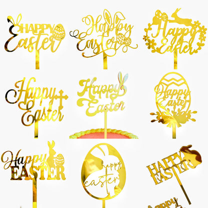 10-Piece Set of Elegant Easter Cake Toppers – Gold Acrylic "Happy Easter" Decorations with Bunny & Egg Designs, Perfect for Party Cakes and Festive Table Settings(Style 8)