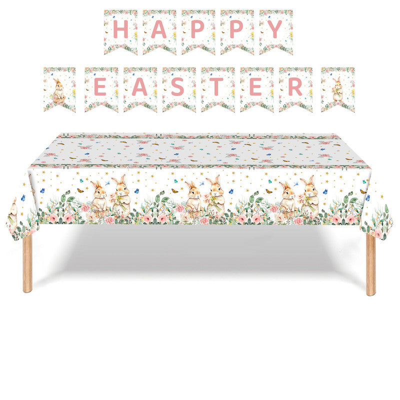 Easter Party Decoration Set â Floral Bunny Tablecloth 137x274cm + Happy Easter Banner, Spring-Themed Decor for Festive Gatherings.