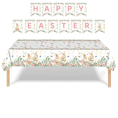Easter Party Decoration Set â Floral Bunny Tablecloth 137x274cm + Happy Easter Banner, Spring-Themed Decor for Festive Gatherings.