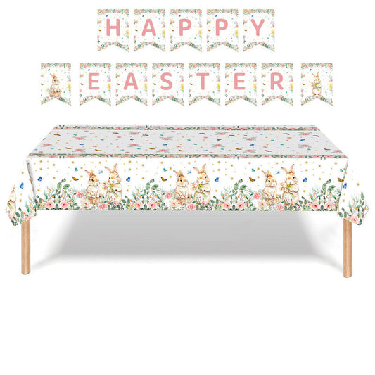 Easter Party Decoration Set â Floral Bunny Tablecloth 137x274cm + Happy Easter Banner, Spring-Themed Decor for Festive Gatherings.
