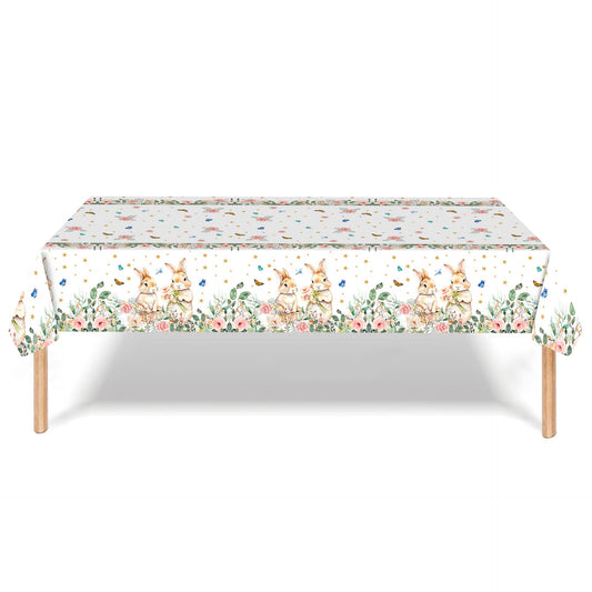 Easter Party Decoration Set â Floral Bunny Tablecloth 137x274cm + Happy Easter Banner, Spring-Themed Decor for Festive Gatherings.