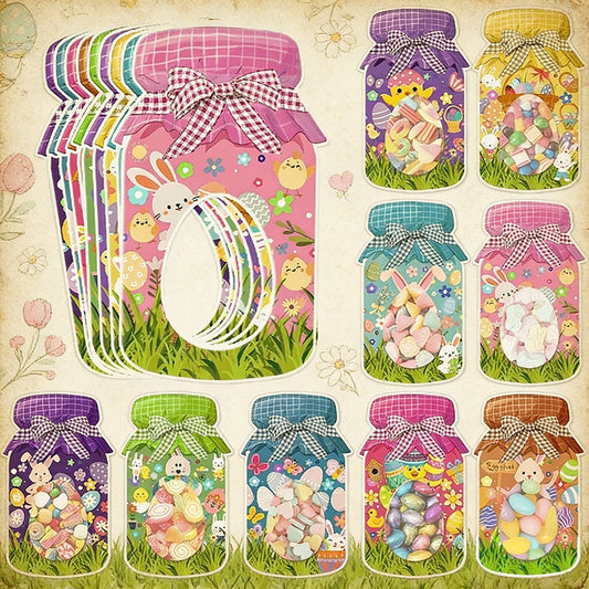 27-Piece Easter Treat Bag Set â 9 Unique Designs, 3 of Each, Jar-Style Candy Bags with Window for Party Favors and Holiday Gifts.